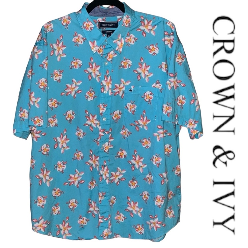 Crown & Ivy Men’s Hawaiian Floral Camp Shirt Size XL